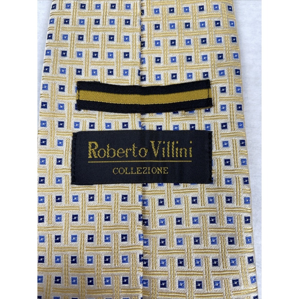 Roberto Villini Collezione Men's Silk Tie Geometric Pattern, Gold Blue